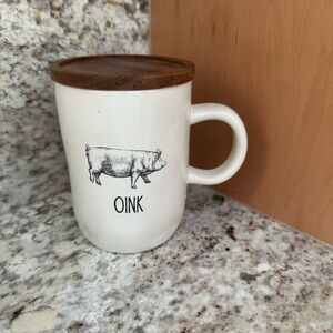 Rae Dunn Cream Mug with Pig Design and Wooden Lid